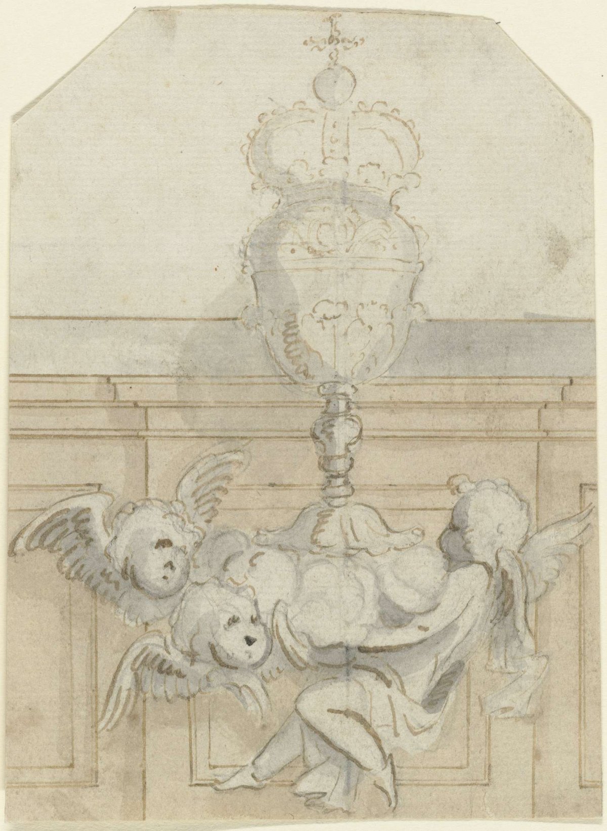Putto and cherubs with showy cup, anonymous, 1600 - 1800