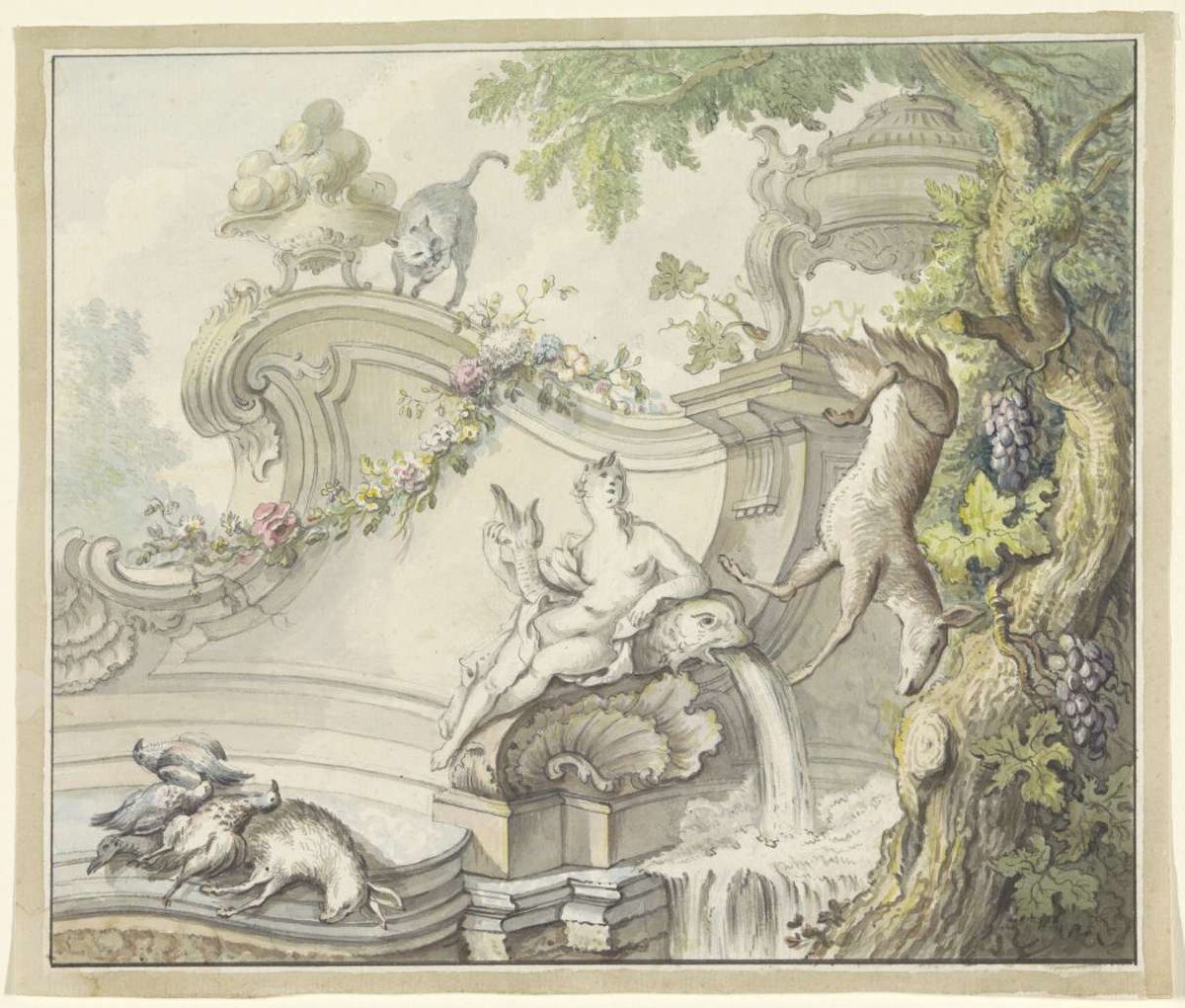 Fountain with woman and hunting booty, anonymous, 1705 - 1800