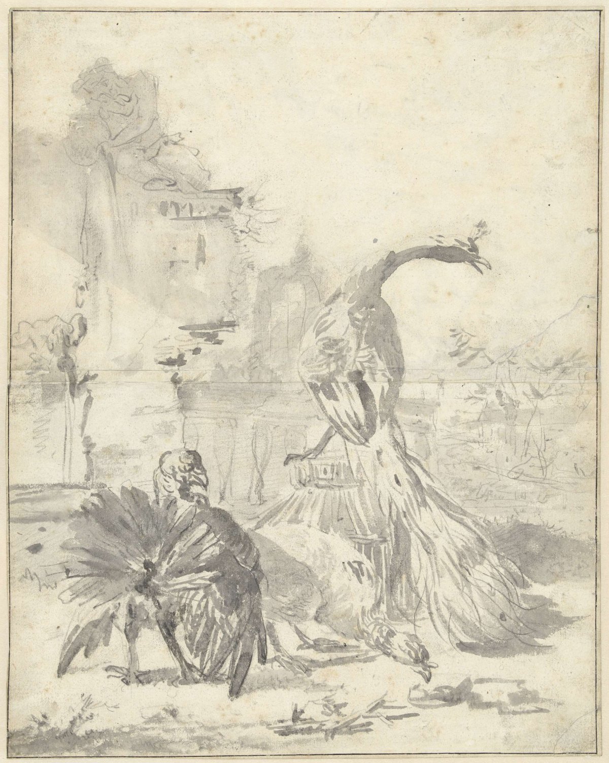 Hoenderhof with a peacock and two turkeys, Jan Weenix, 1650 - 1719