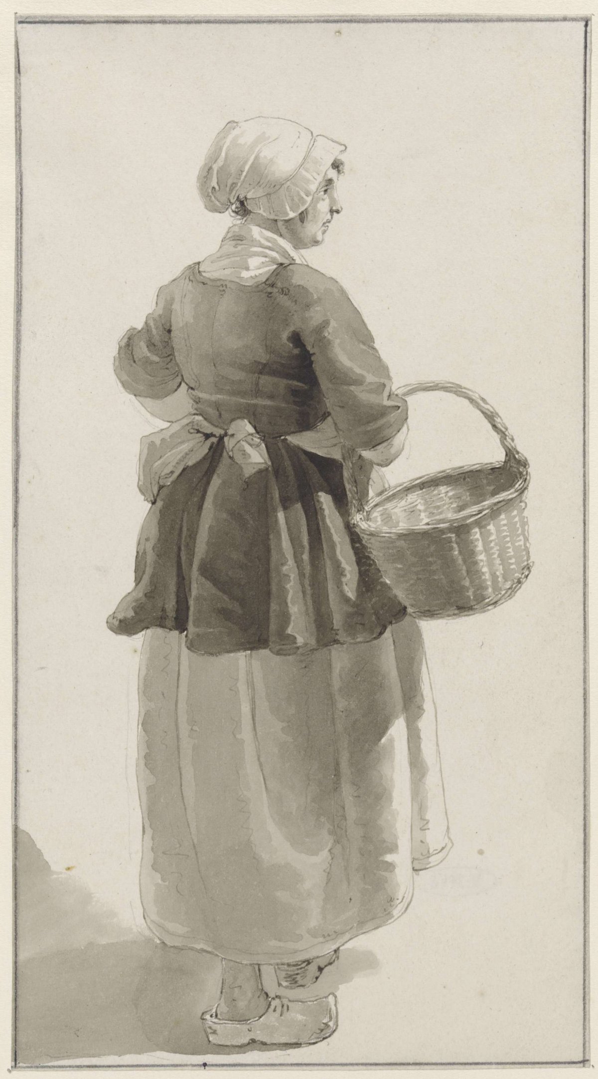 Woman on clogs with basket, seen three-quarters from behind, Johannes Christiaan Schotel, 1797 - 1838