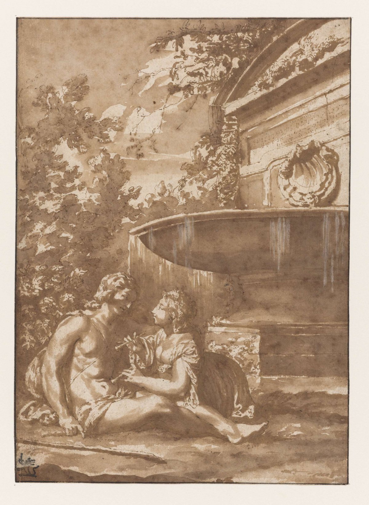 Idyll by a fountain, Jan de Bisschop, 1667