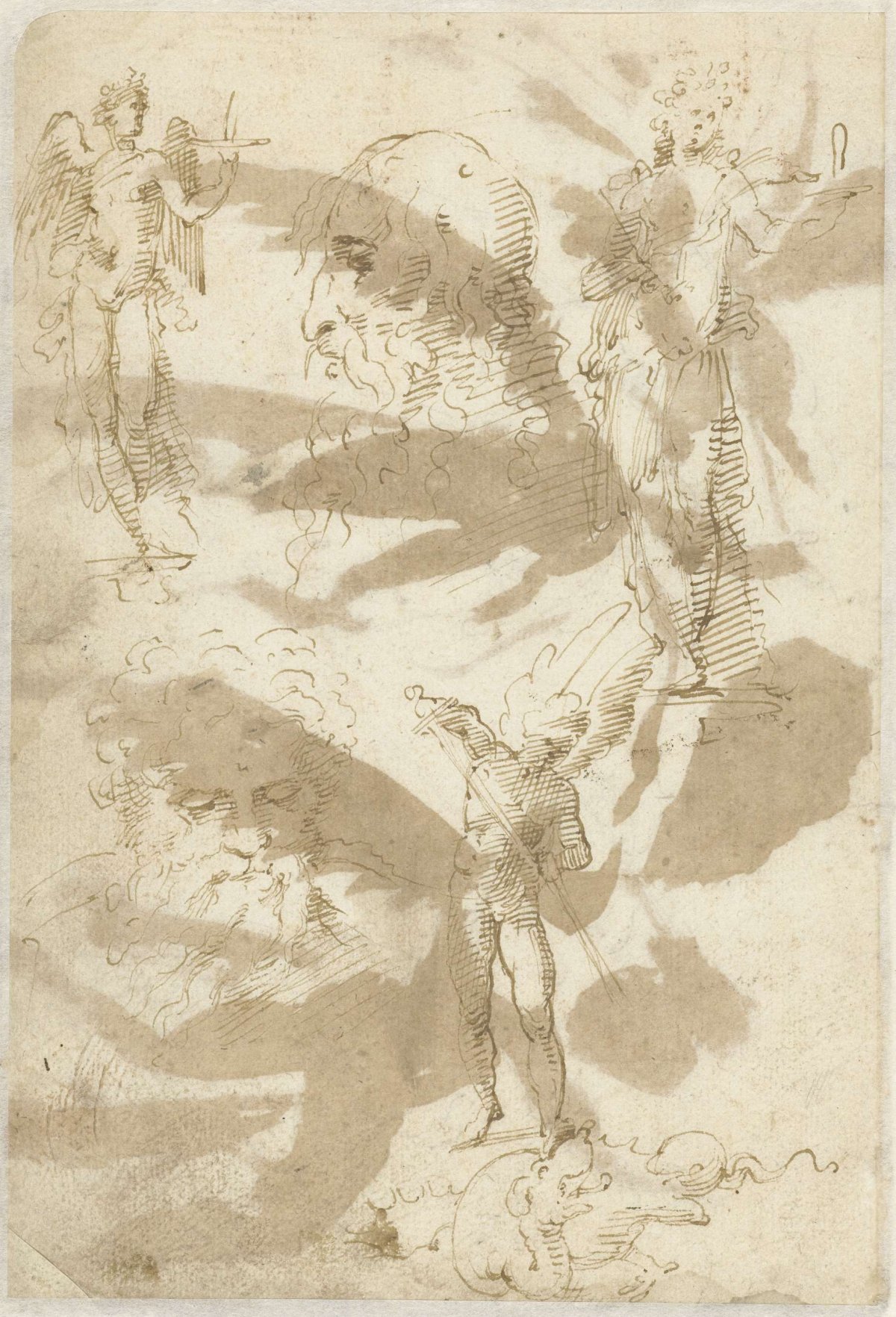 Studies of an angel, two heads and Saint Michael, Domenico Beccafumi, 1519 - 1547