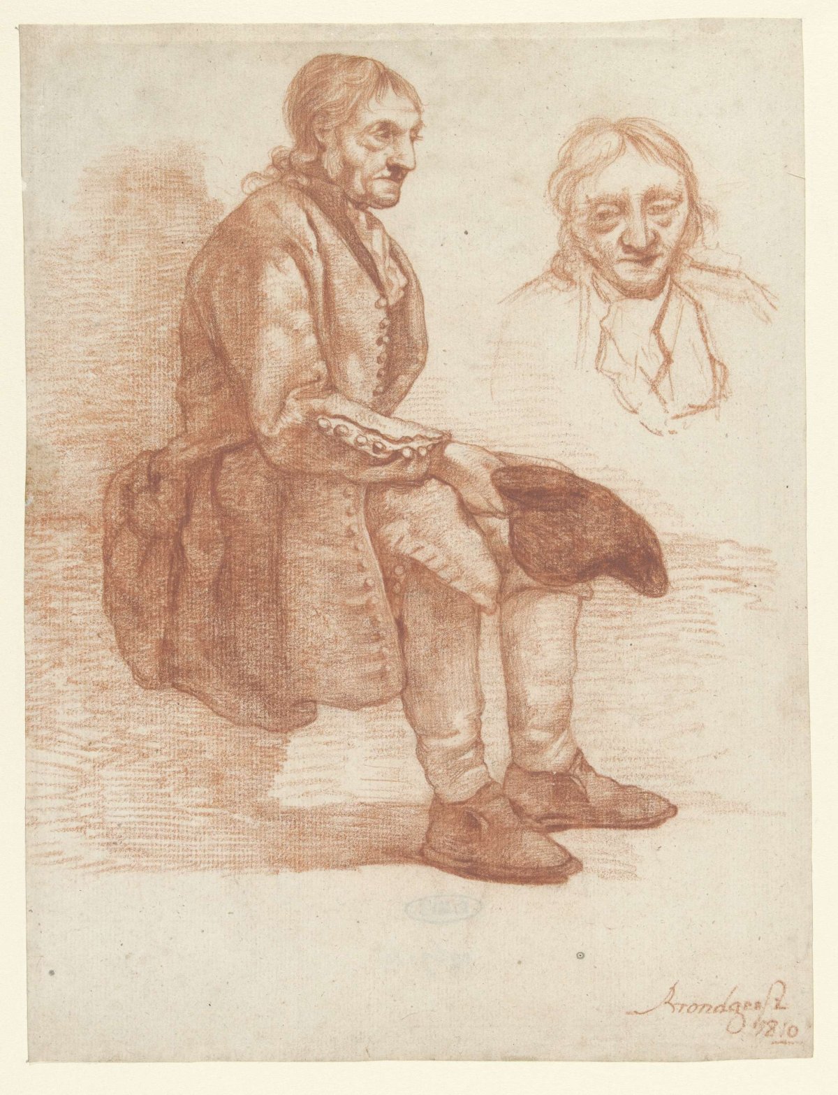 Seated old man, facing right, head repeated, Albertus Brondgeest, 1810