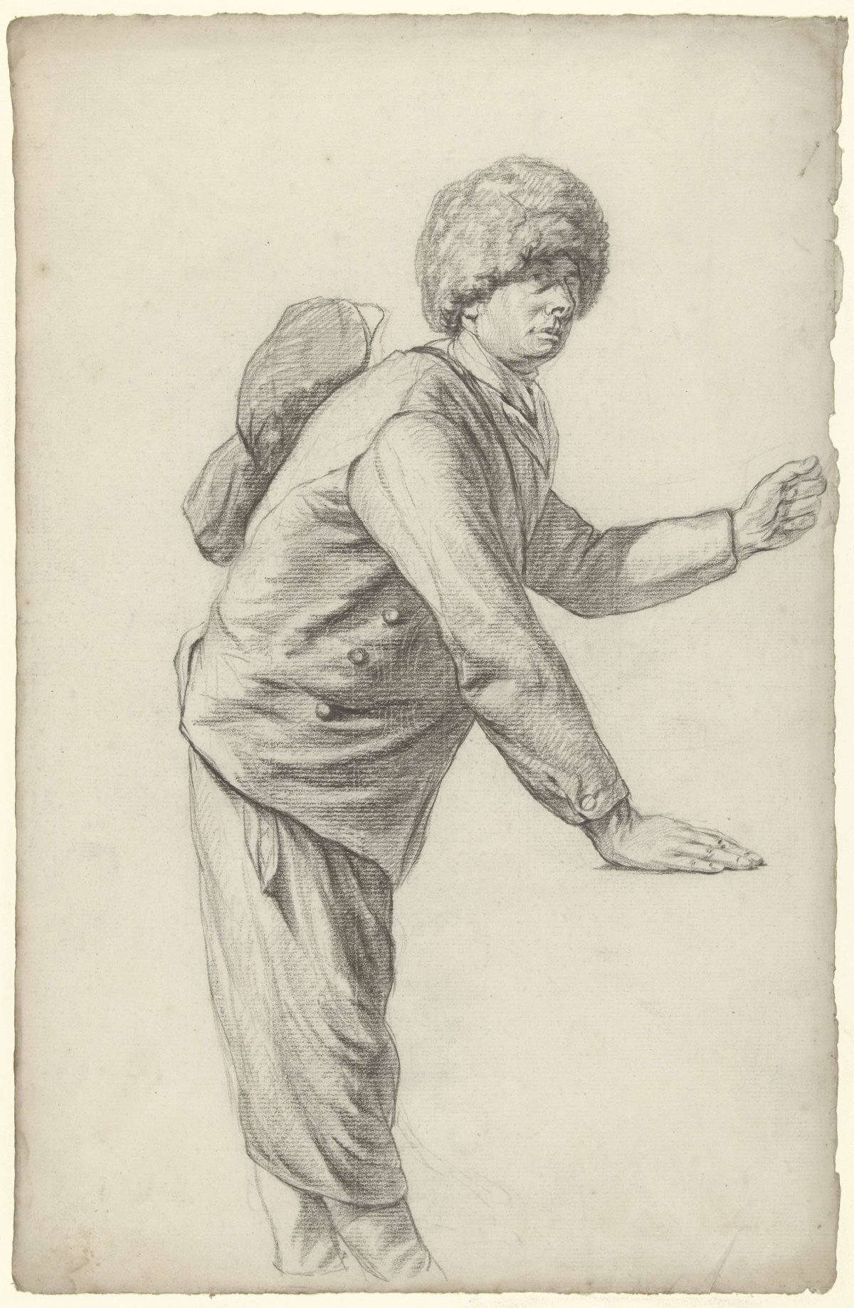 Standing man with fur hat and suit on back, anonymous, 1700 - 1800