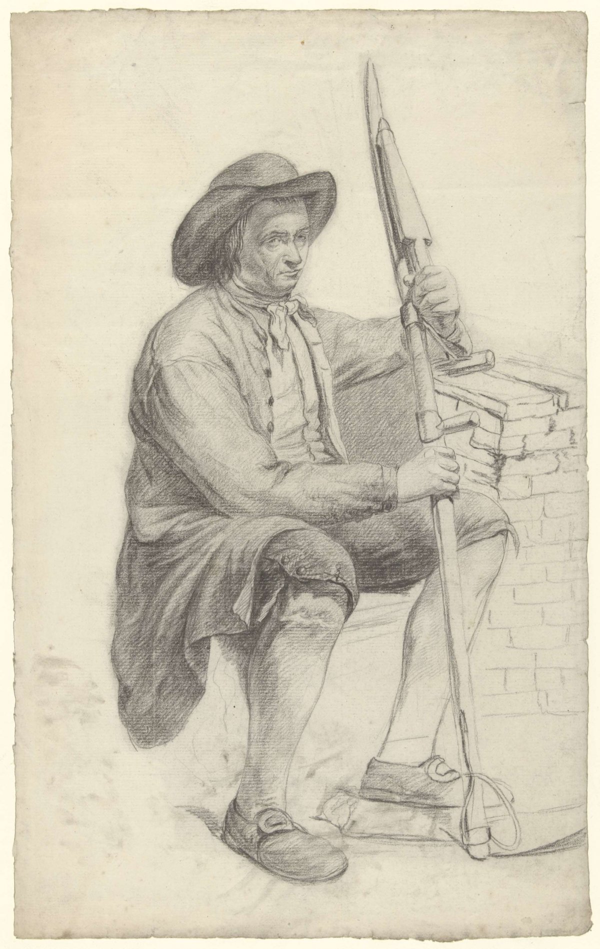 Seated man with scythe in both hands, anonymous, c. 1799