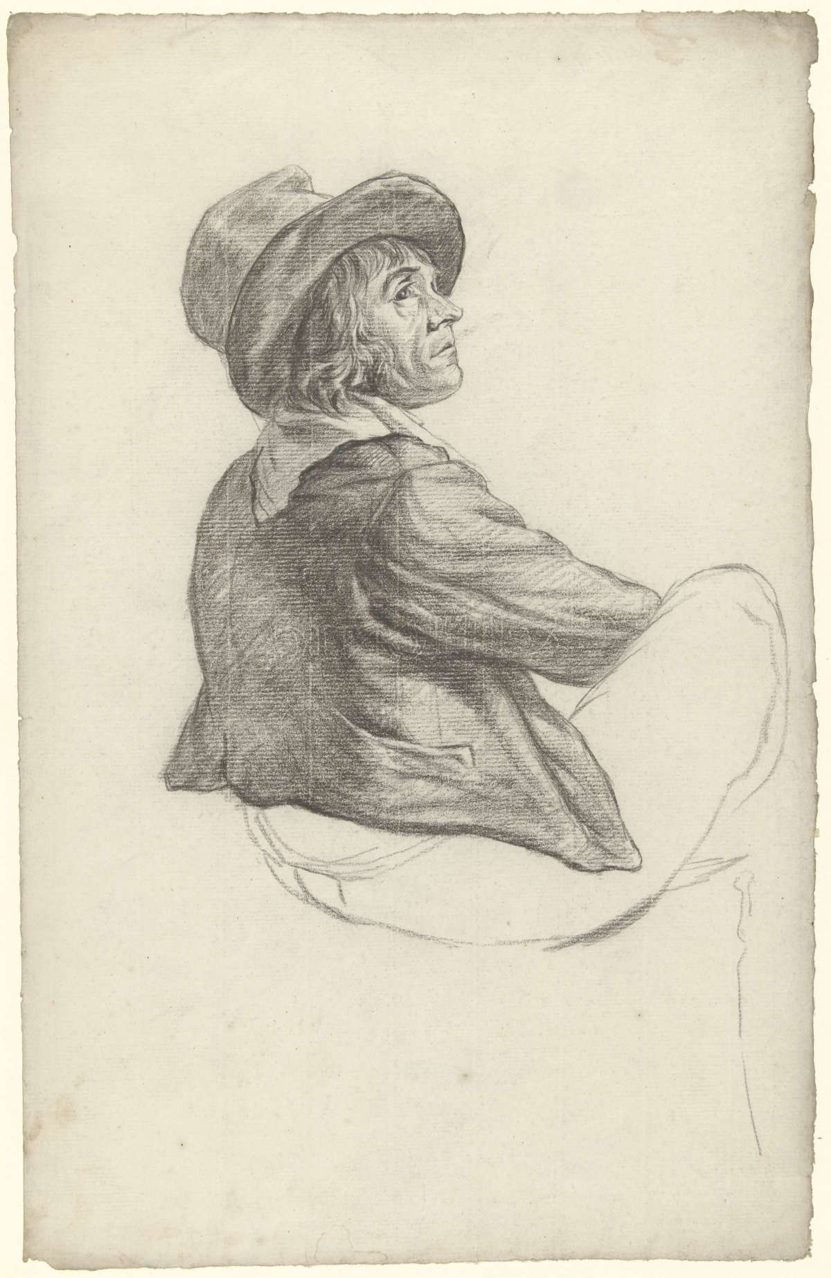 Seated man with hat, seen from the back, anonymous, 1700 - 1800