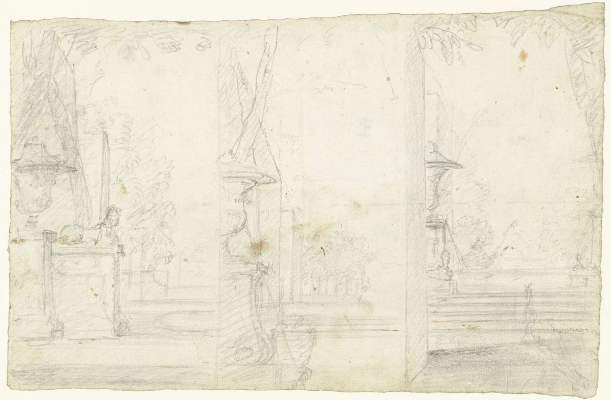 Three sketches of a garden with ornaments, Dionys van Nijmegen, 1715 - 1798