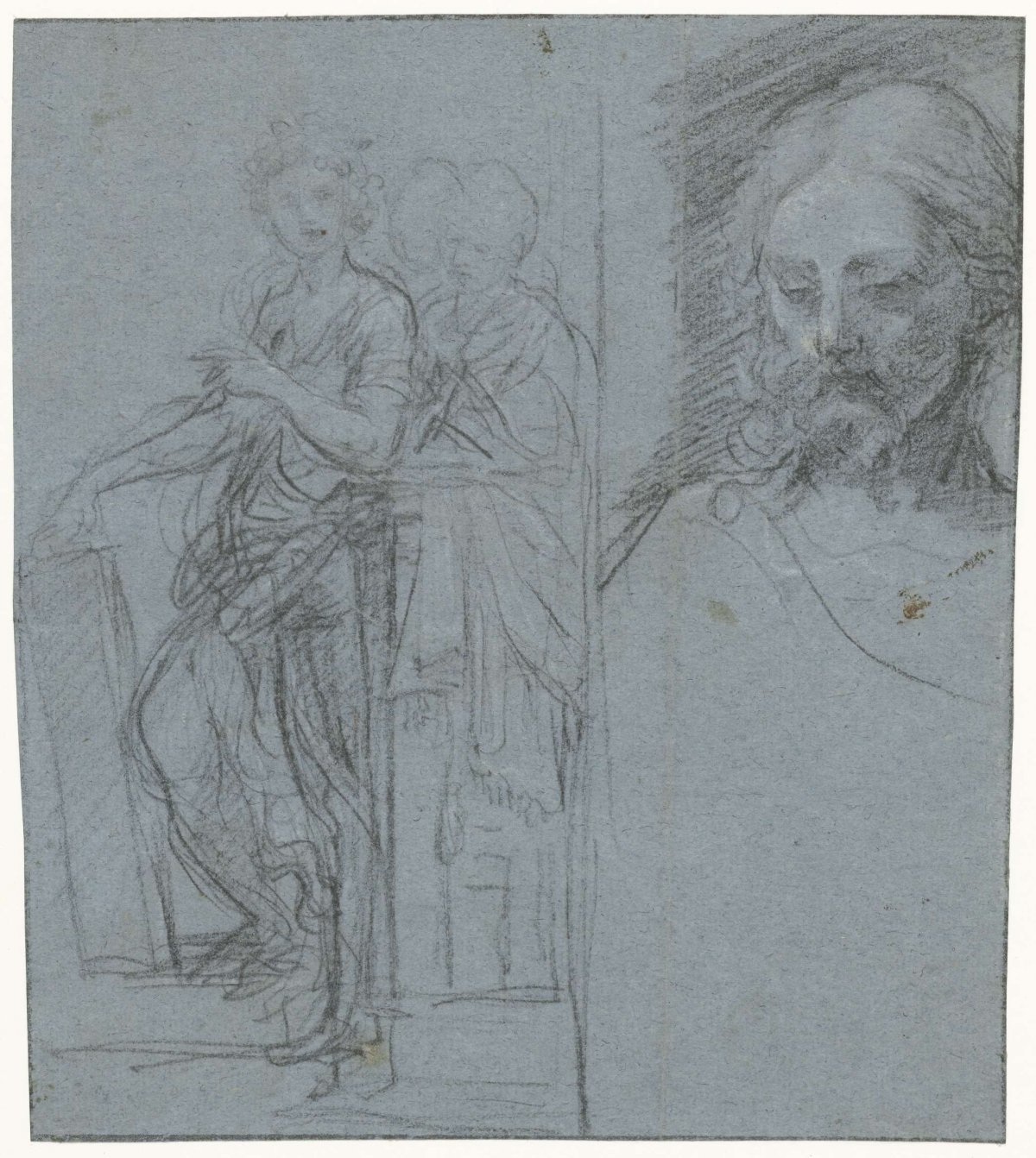 Study sheet with standing women and a Christ head, Flaminio Torri, 1631 - 1661