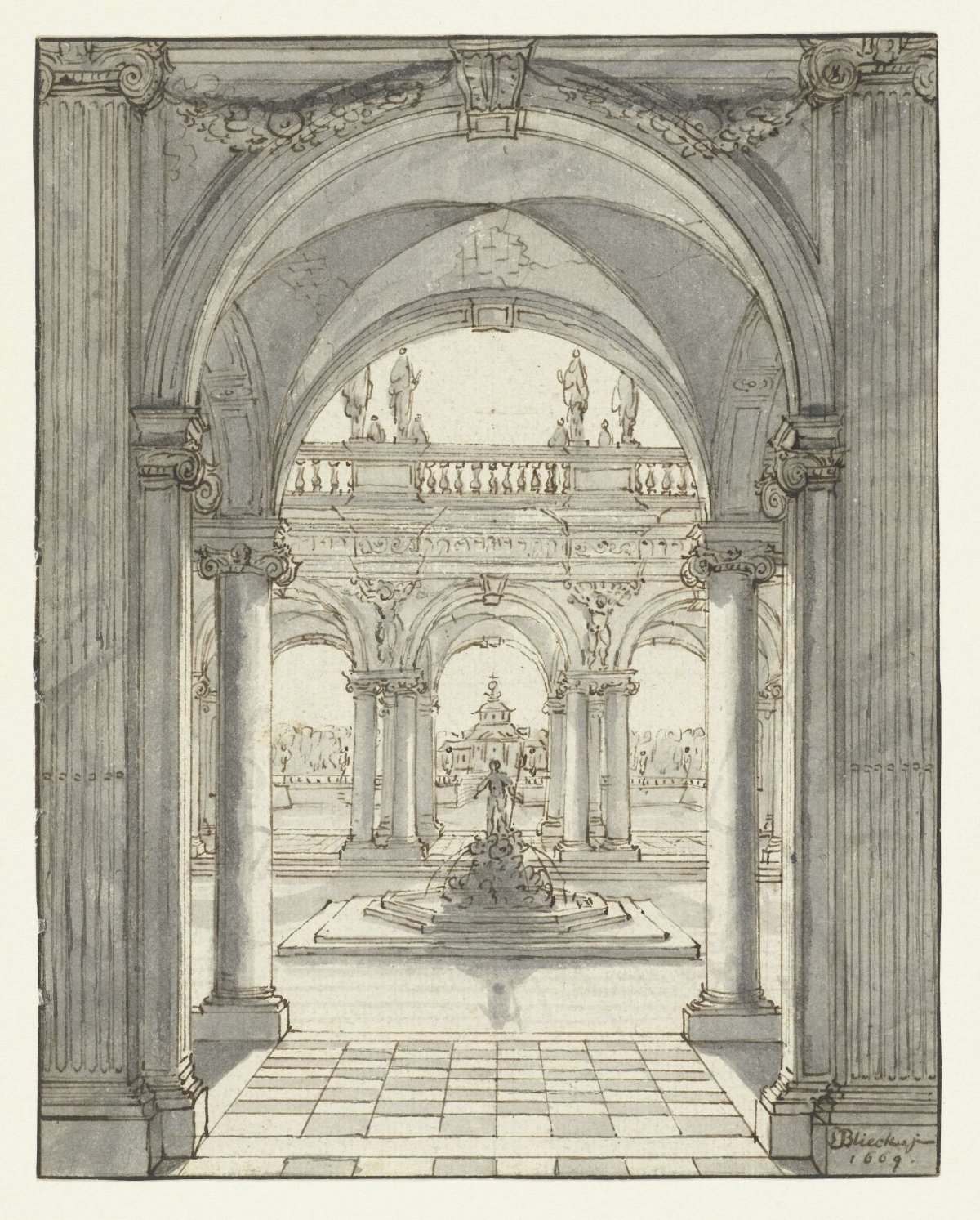 Square in front of a Renaissance palace, Daniël de Blieck, 1669