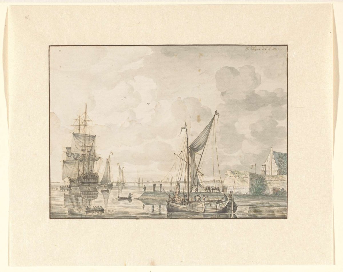 River with several large and small ships, David Kleyne, 1785