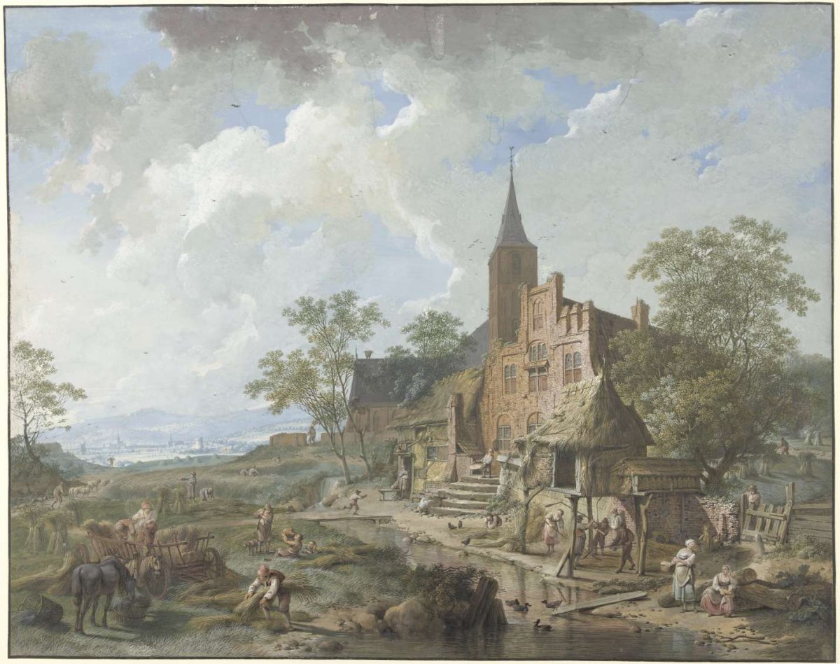 Harvest at a village in a hilly landscape, Hendrik Meijer, 1767