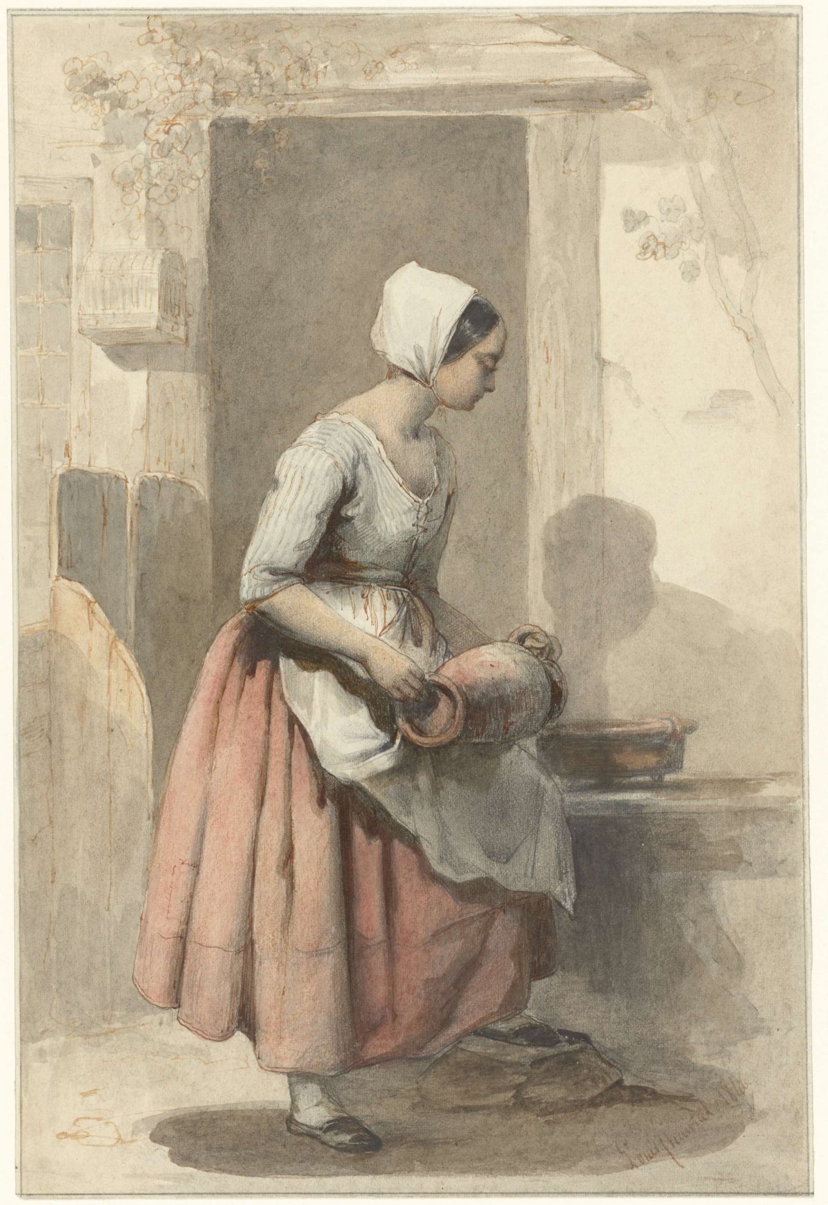 Girl with a pitcher at the entrance of a residence, Louis Chantal, 1846