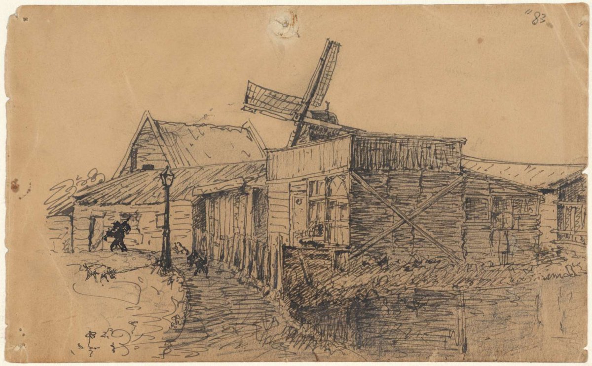 Village trail with mill, Theo Nieuwenhuis, 1876 - 1951