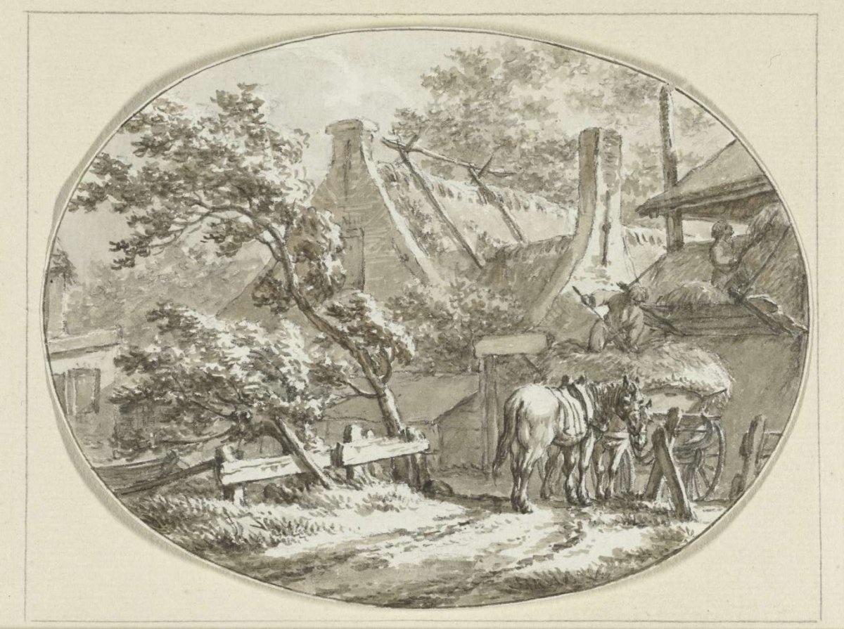Farmhouse with landmen by hay wagon and haystack, Jacob Cats (1741-1799), 1788