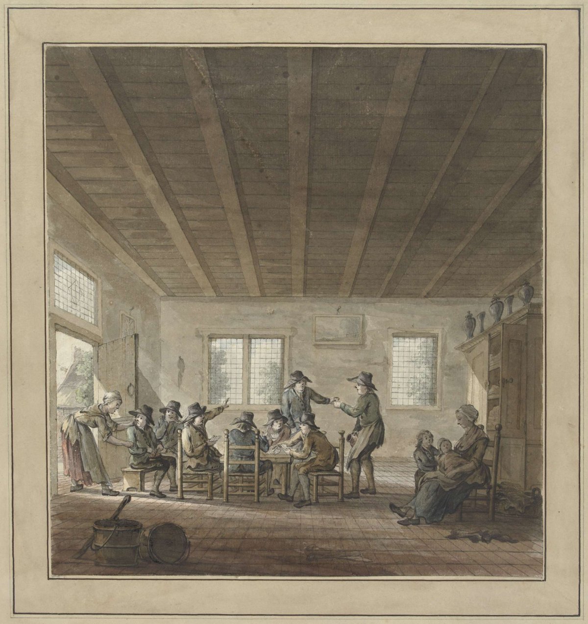 Inn interior with a group of peasants playing cards and drinking, anonymous, 1750 - 1799