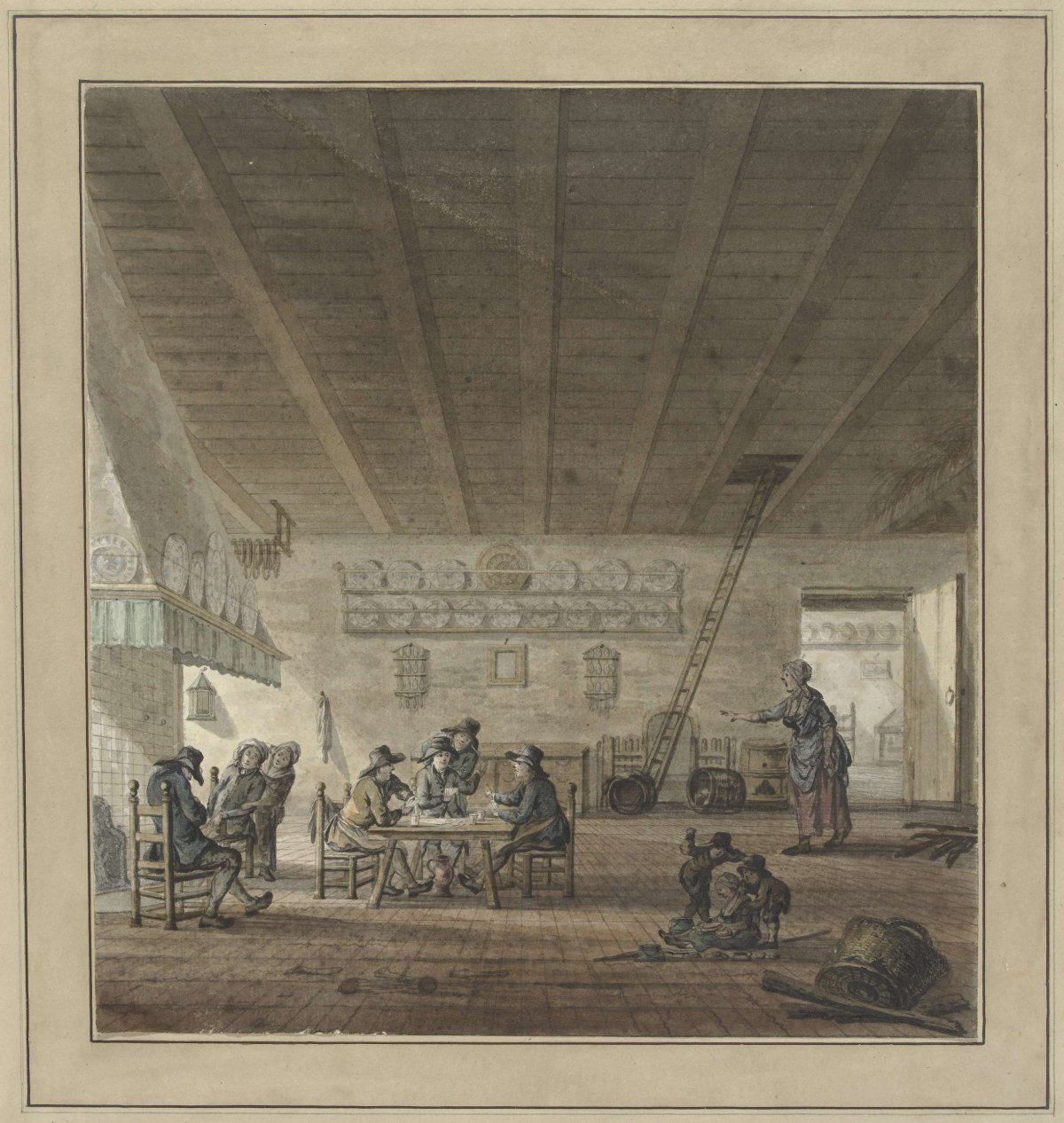 Inn interior with card players by a fireplace, anonymous, 1750 - 1799