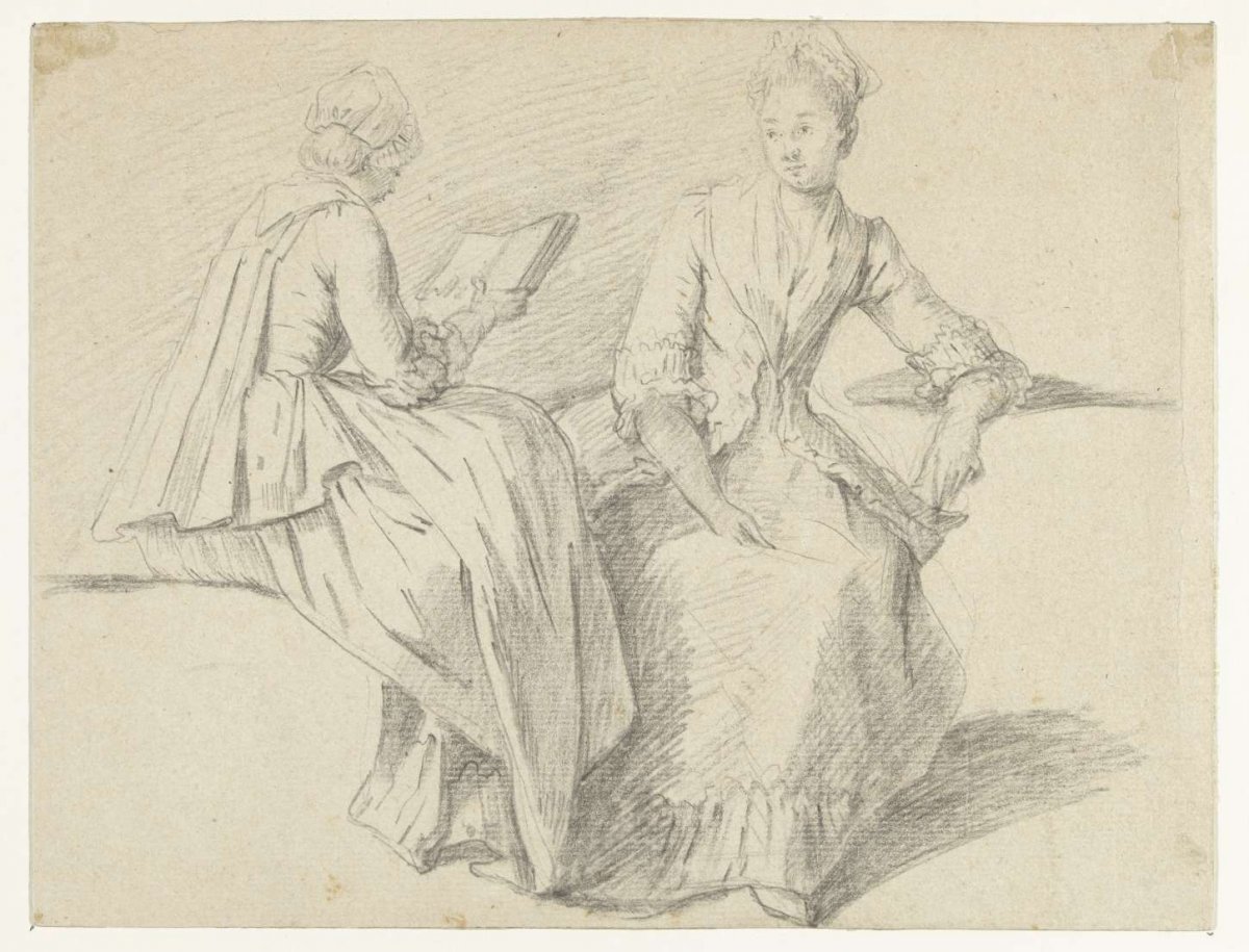 Study sheet with two seated girls, Michel Barthélémy Ollivier, 1722 - 1784