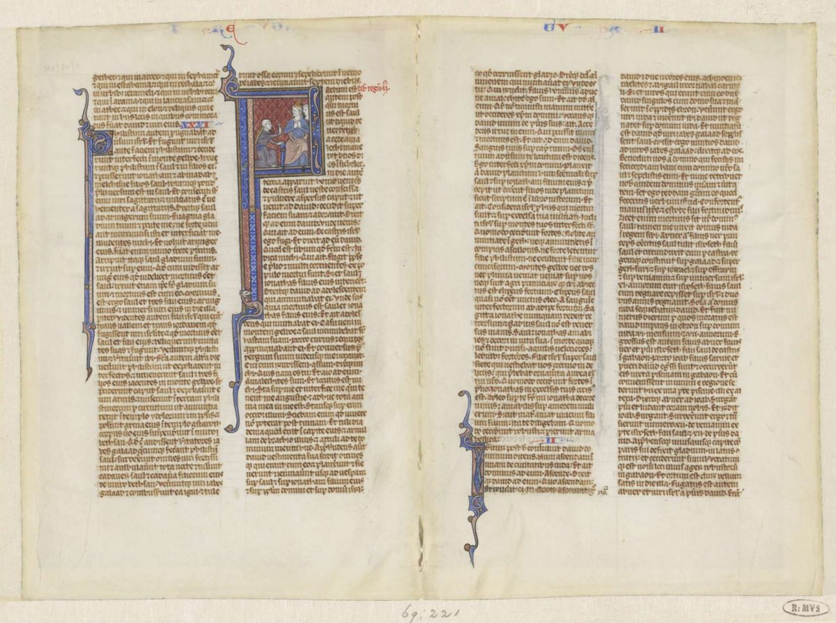 Excerpt from a Bible, the book of Kings, chapter 2: David kneels before Saul, anonymous, c. 1280 - c. 1320