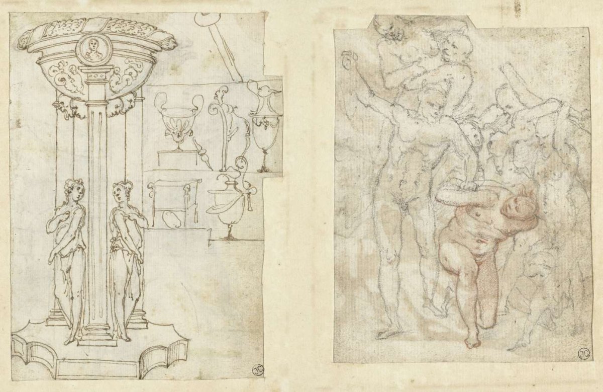 Decorative objects and a sketch of a group of the damned, Federico Zuccaro, 1550 - 1609
