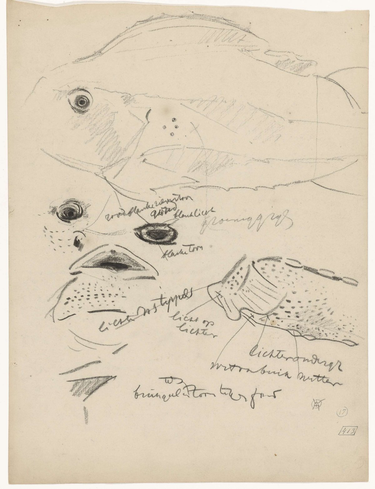 Studies of a snot dolphin, with color notes, Gerrit Willem Dijsselhof, 1876 - 1924