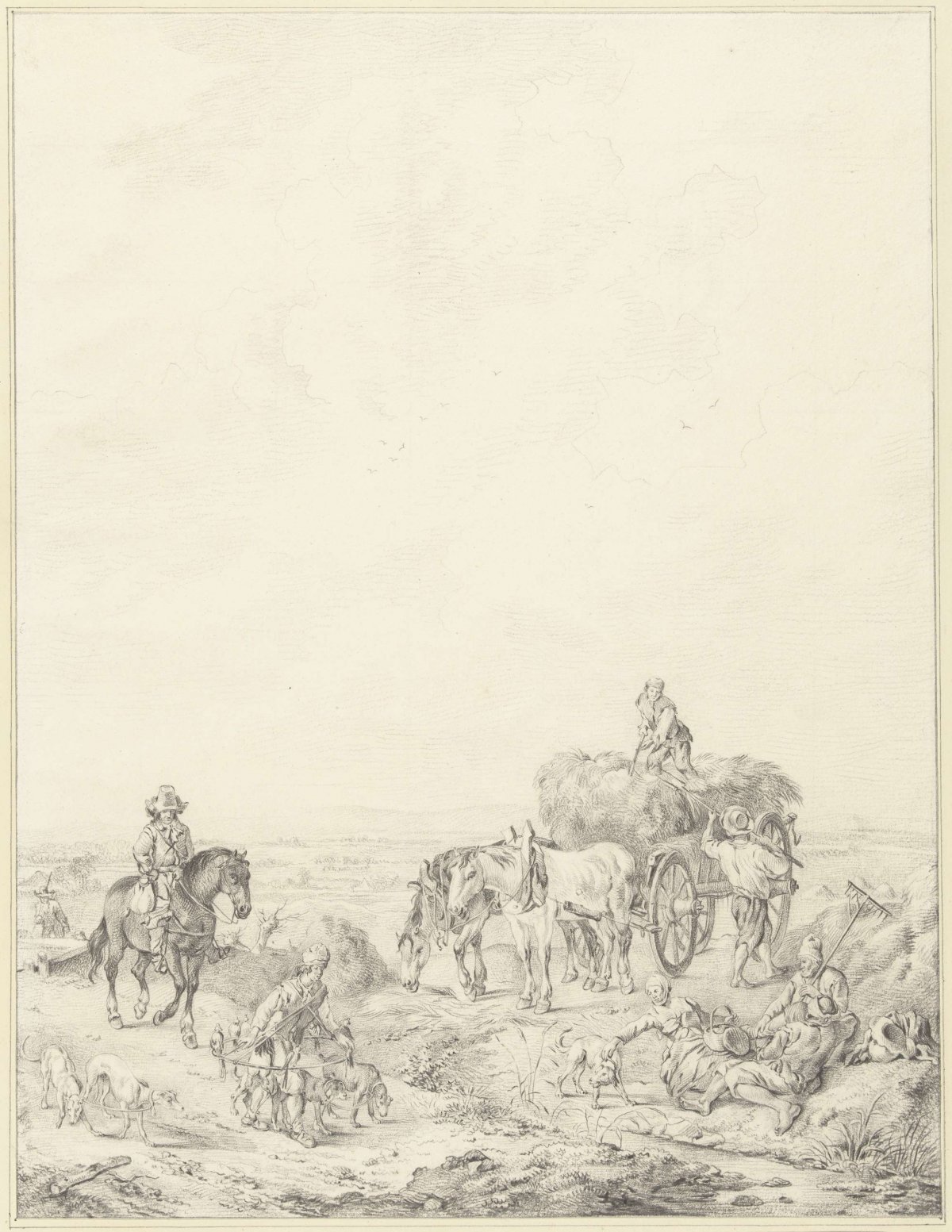 Landscape with falconer and countrymen, Jordanus Hoorn, 1763 - 1833