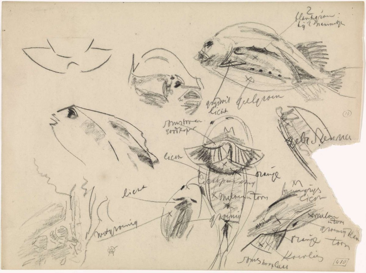 Studies of a snot dolphin, with color notes, Gerrit Willem Dijsselhof, 1876 - 1924