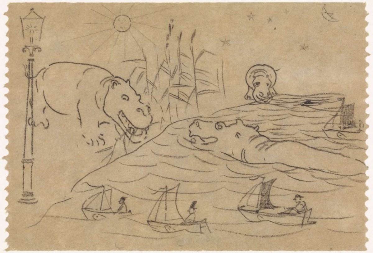 Sketches of hippos, sailboats and a street lamp, Gerrit Willem Dijsselhof, 1876 - 1924