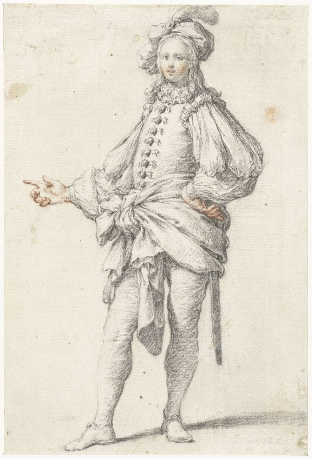 Standing young man in theater costume, anonymous, 1600 - 1699
