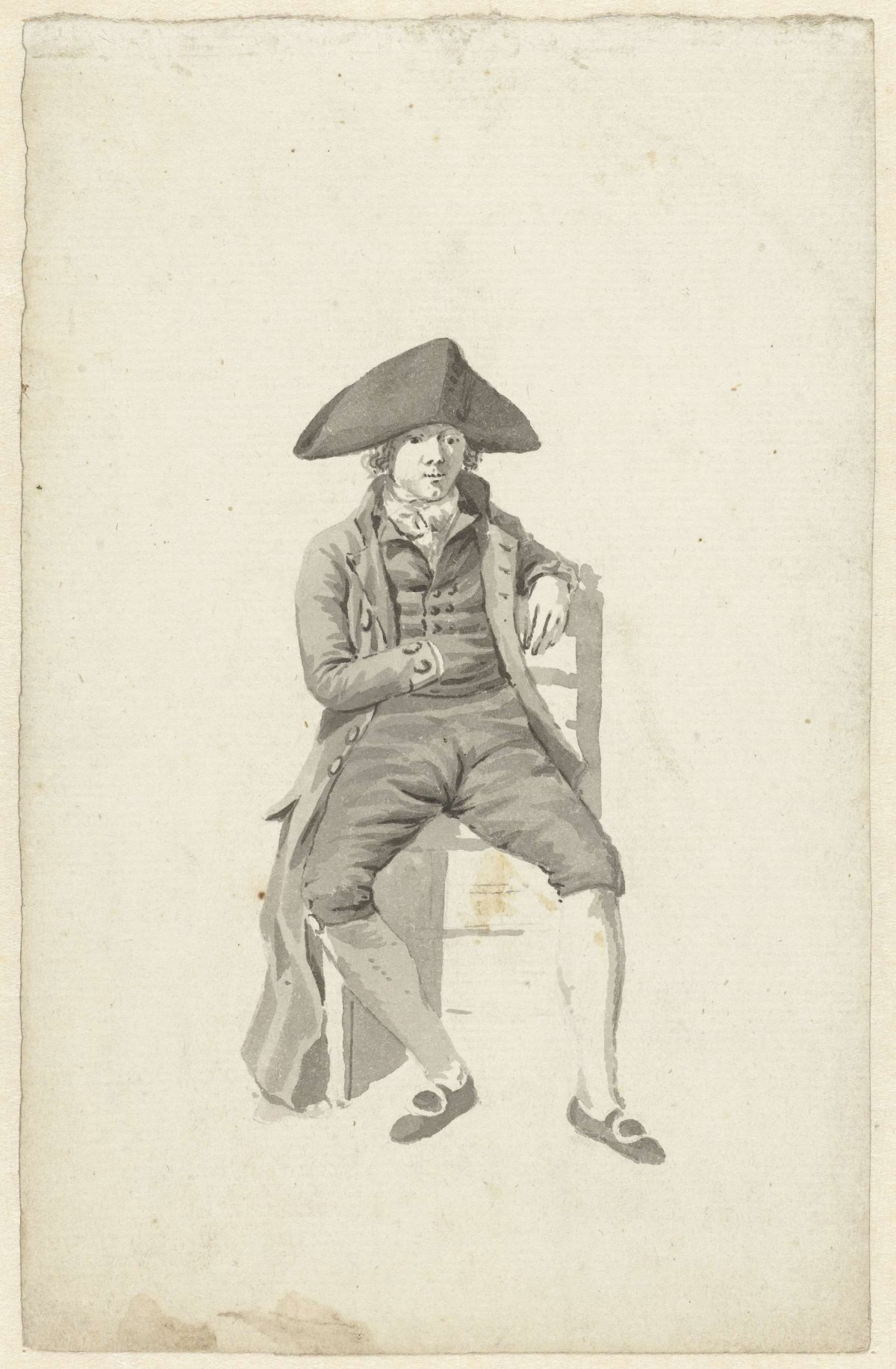 Seated man on a chair with stitch, anonymous, c. 1790 - c. 1799