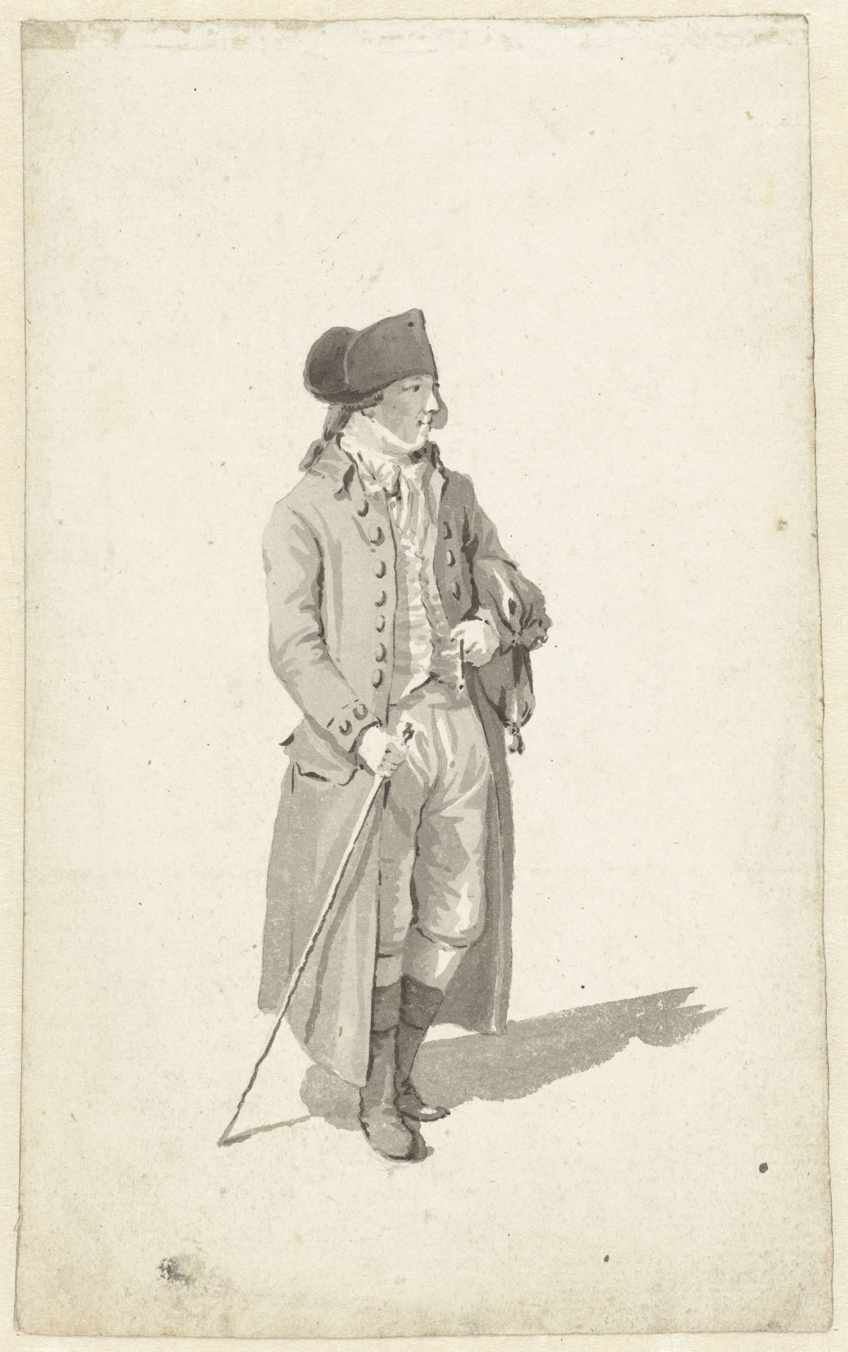 Standing man in long coat with cane, anonymous, c. 1700 - c. 1800
