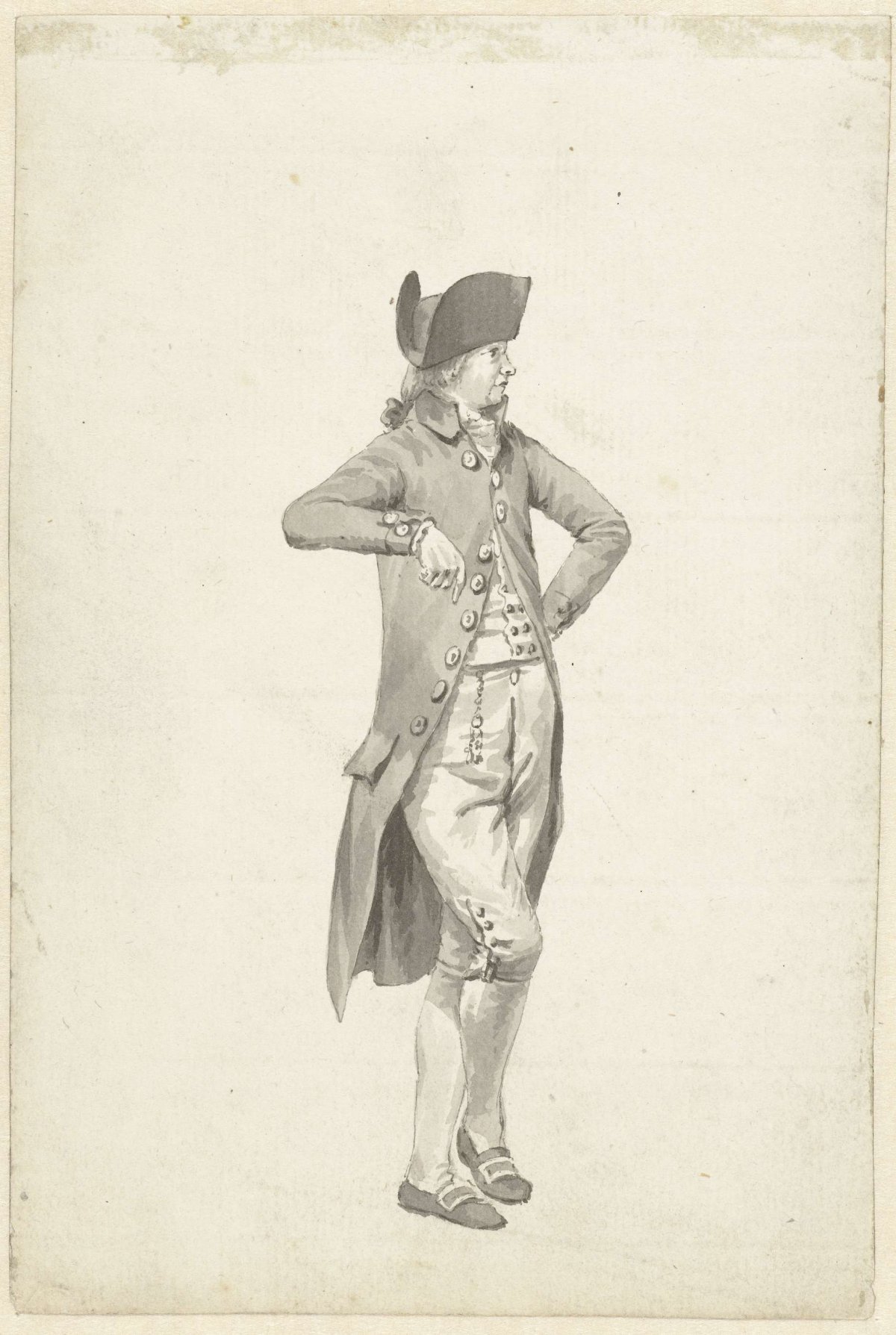 Standing man, leaning with right arm, anonymous, c. 1700 - c. 1800