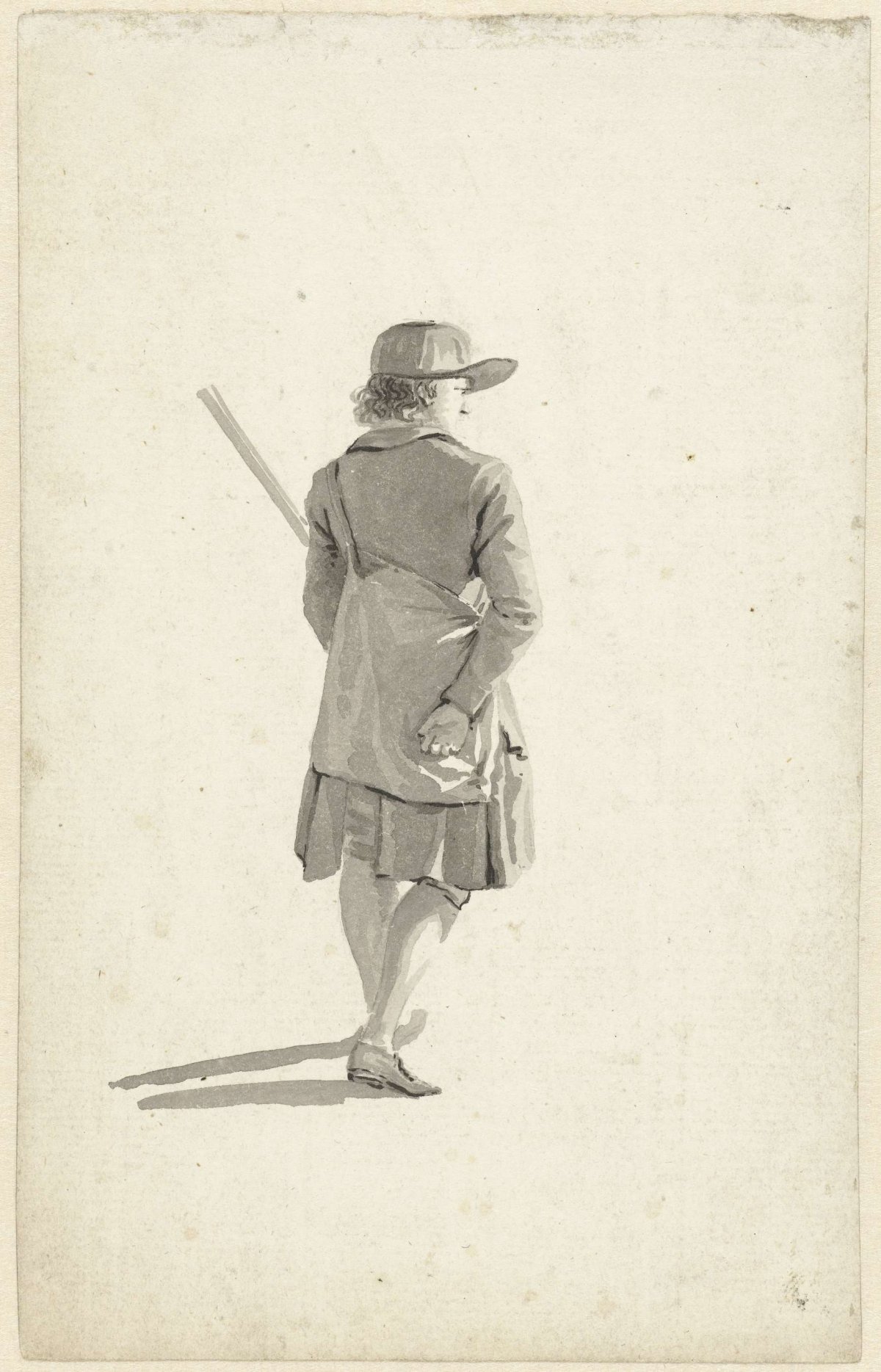 Standing man with hat, wearing white shirt and calf pants, seen from the back, Abraham van Strij (I), 1763 - 1826