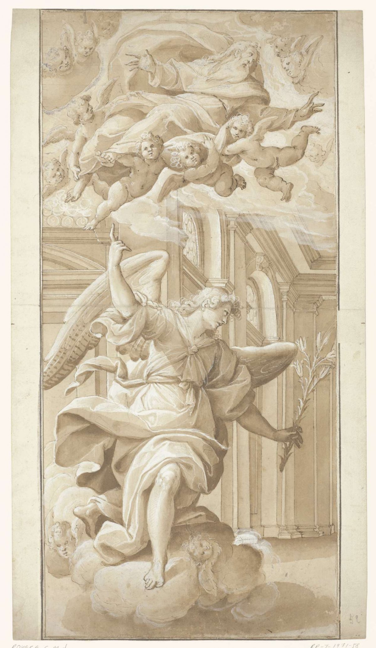 Proclaiming angel, treading on clouds, Giovanni Mauro della Rovere, 1585 - 1640