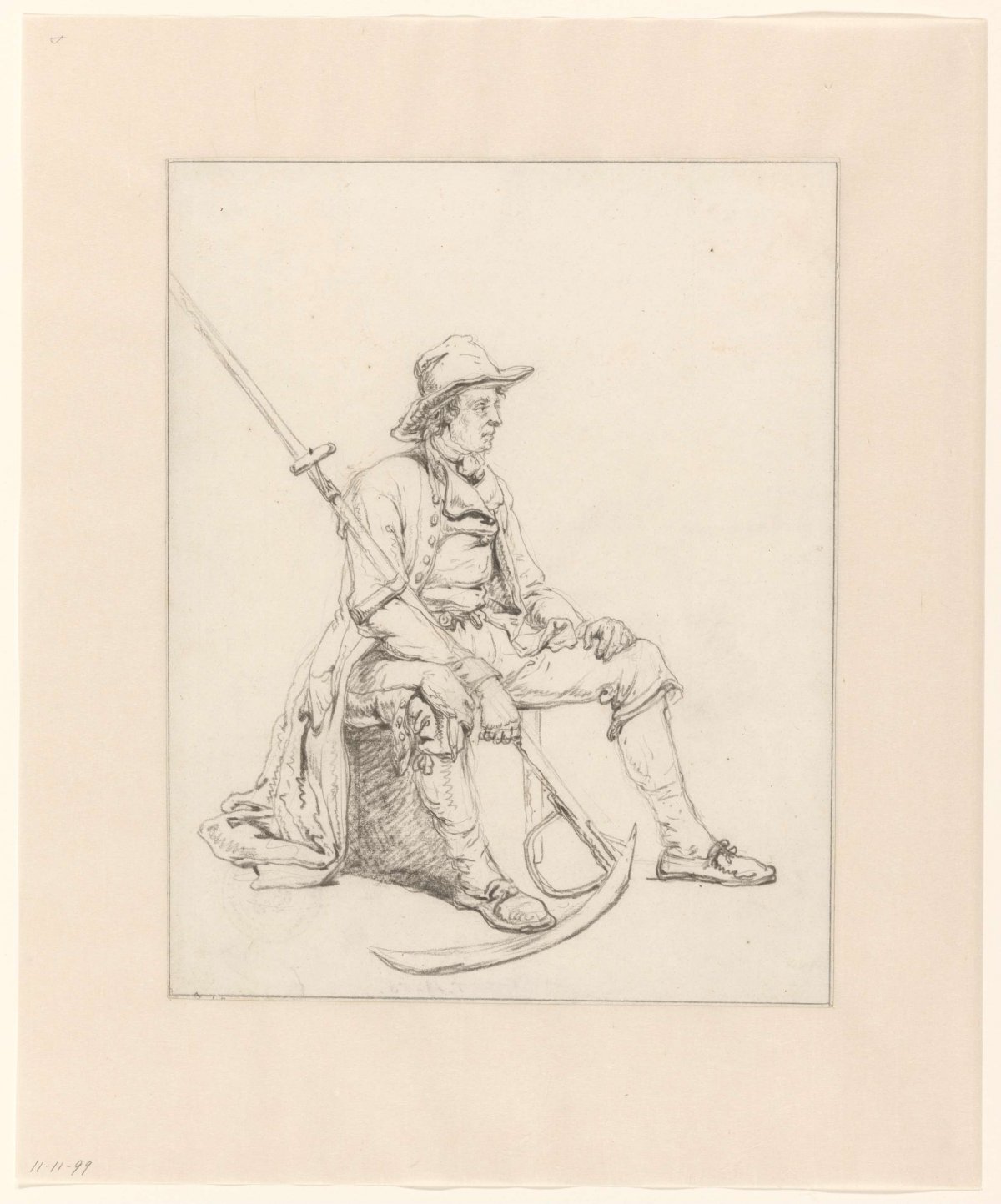 Study of a seated man, with scythe, Johannes Christiaan Schotel, 1797 - 1838