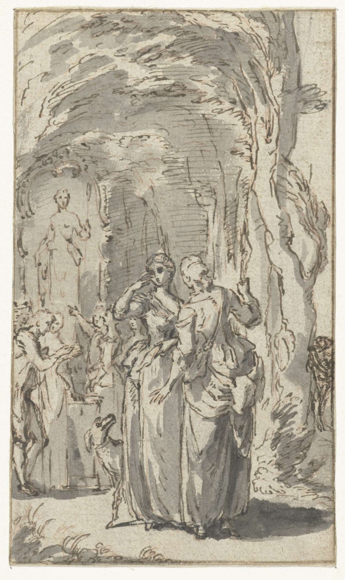 Illustration design featuring two young women and a dog, anonymous, 1700 - 1800