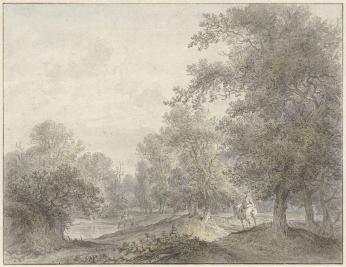 Forest landscape with horseman and pond, Jacobus Versteegen, 1745 - 1795