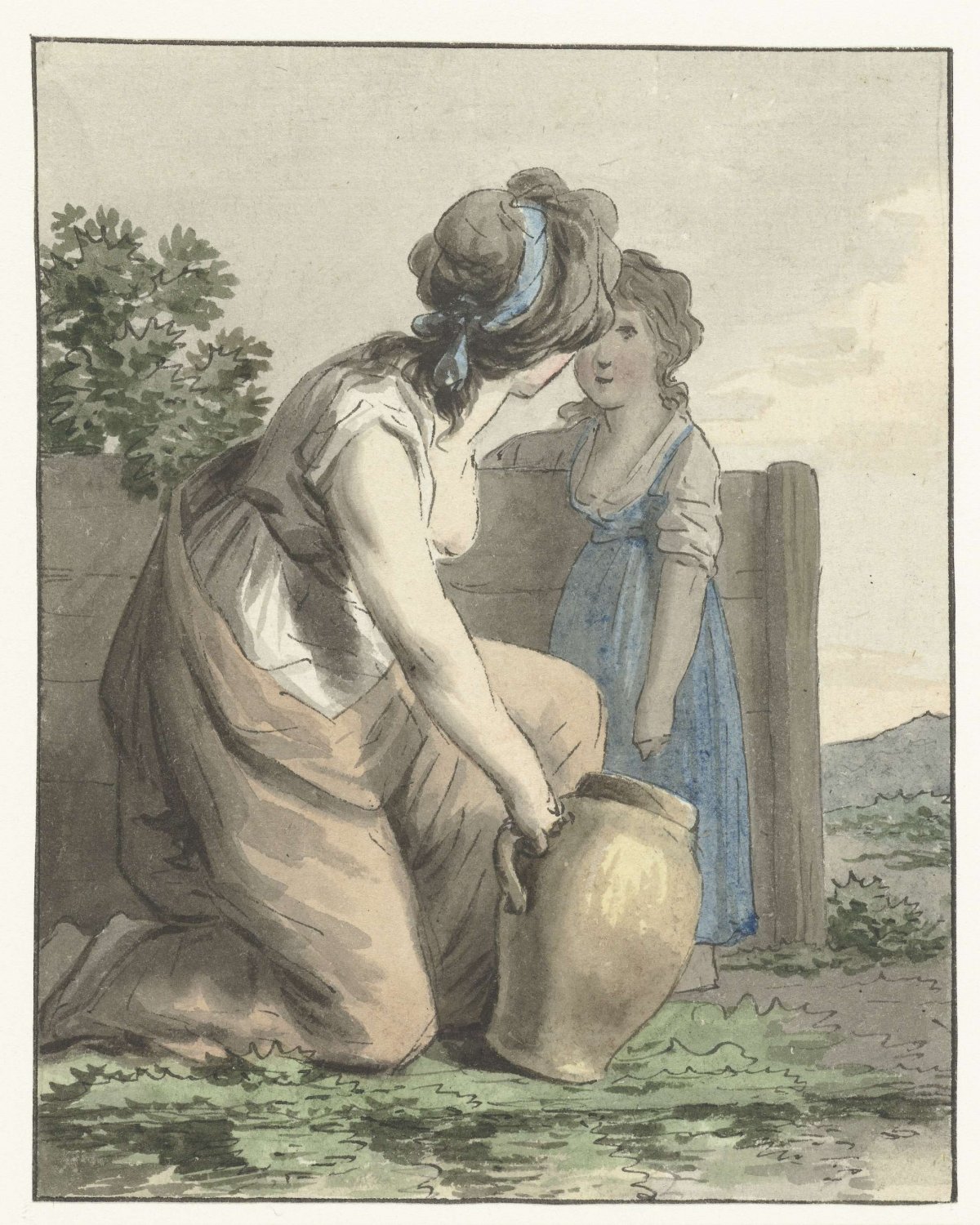 Crouching woman talks to standing girl, Anthony Andriessen, 1756 - 1813