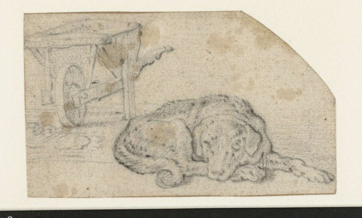 Dog lying near a wheelbarrow, Cornelis Saftleven, 1617 - 1681