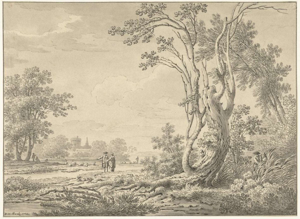 Southern landscape with castle, cattle and hikers, Johann Heinrich Müntz, 1773