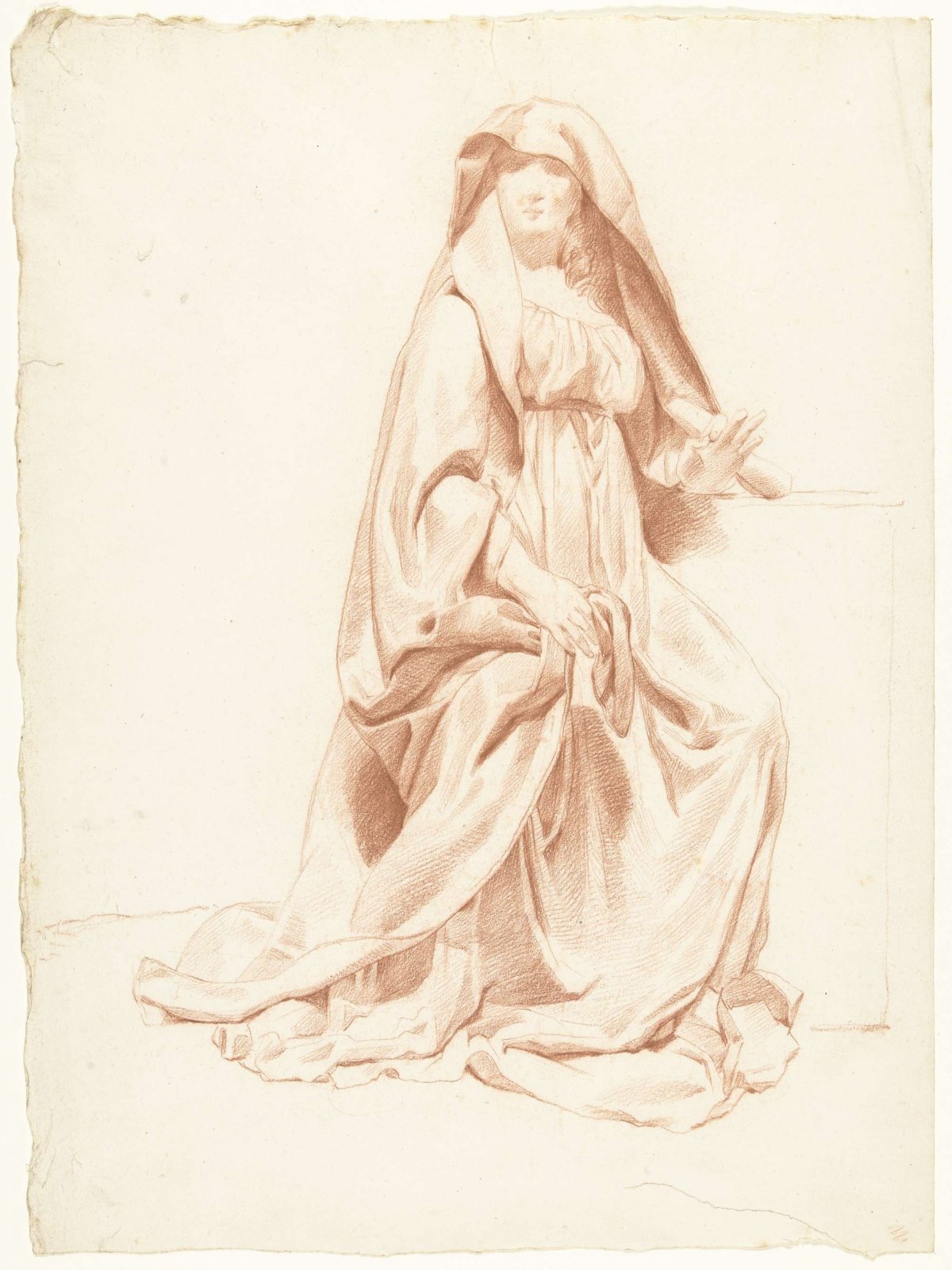 Study of a seated woman with heavily pleated cloak, anonymous, 1700 - 1800
