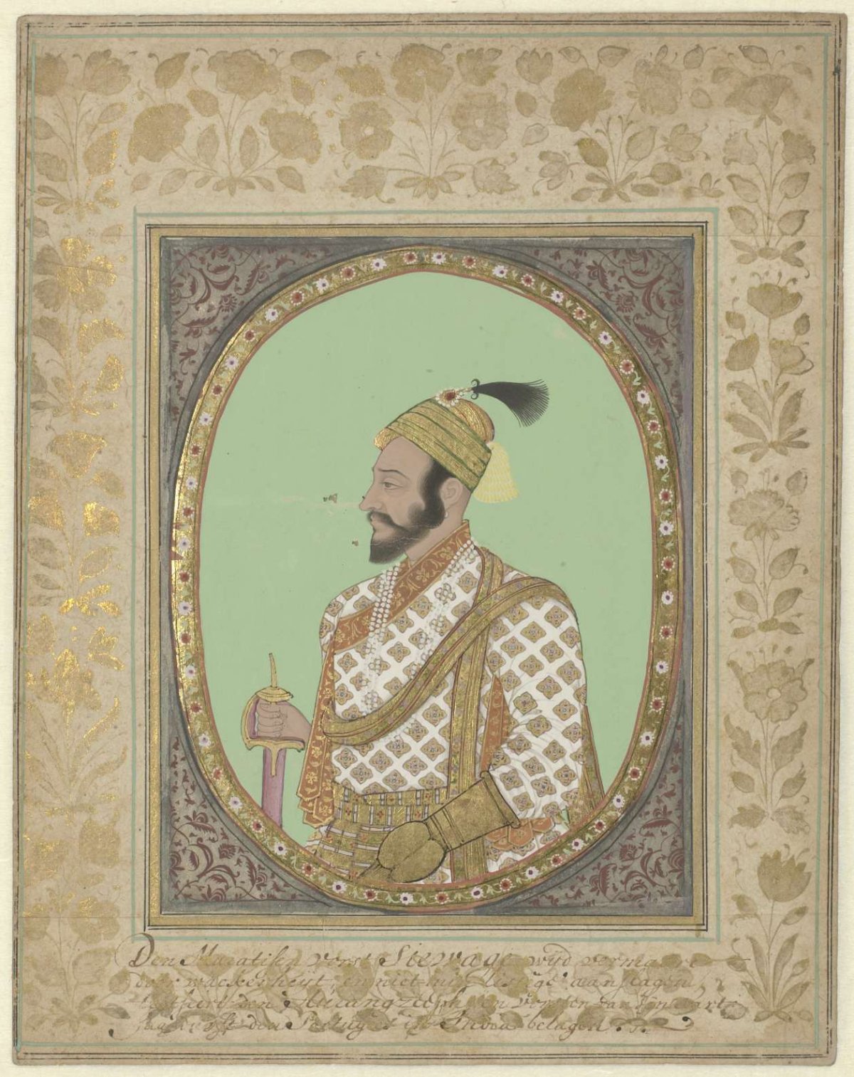 Portrait of Maratha prince Shivaji with elaborate Dutch caption on decorated frame, anonymous, c. 1680