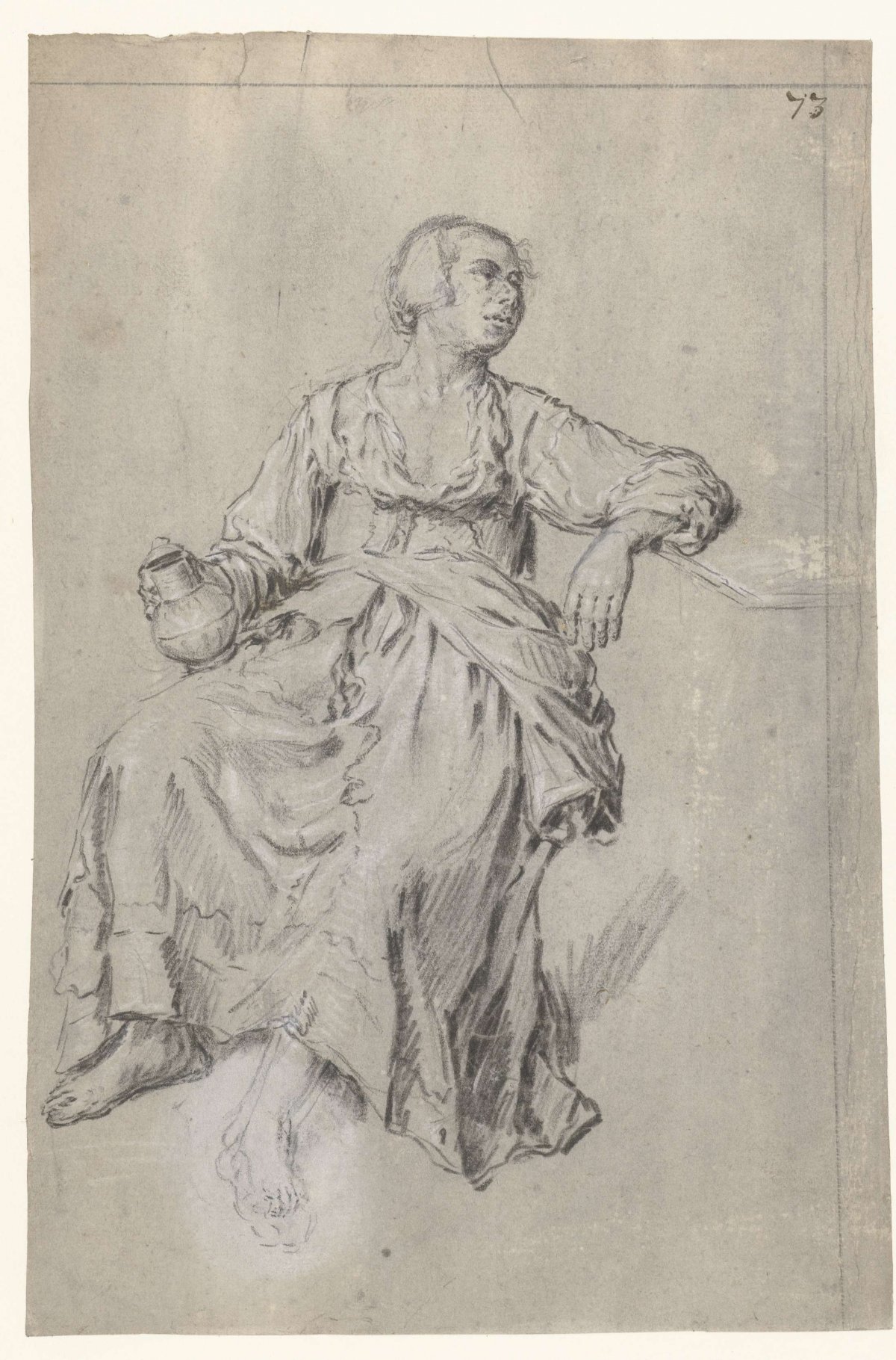 Study of a seated woman with a pitcher, anonymous, 1600 - 1699