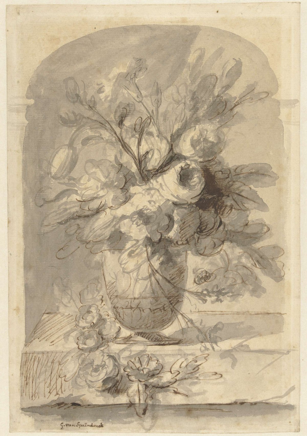 A vase of flowers in a niche, Gerard van Spaendonck, 1756 - 1822