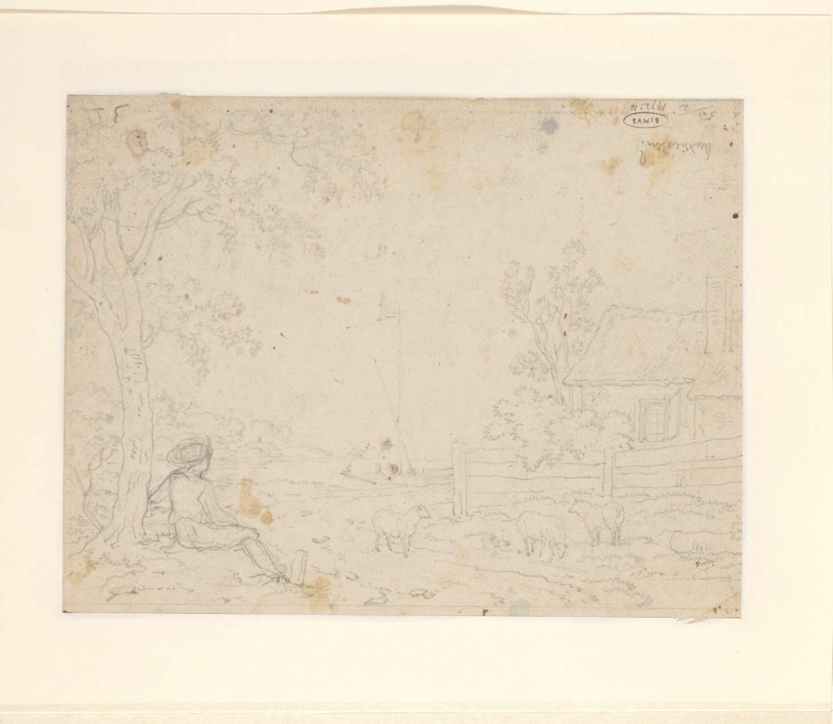 Sketch of a landscape with shepherd boy under tree, Anthony Andriessen, 1756 - 1813