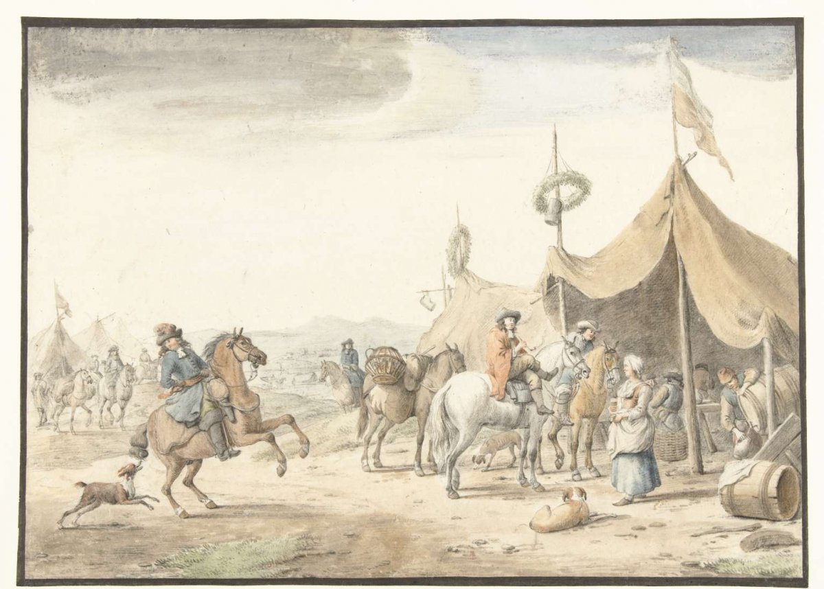 Army camp with horsemen, Jan Vincentsz. van der Vinne, 1673 - 1721