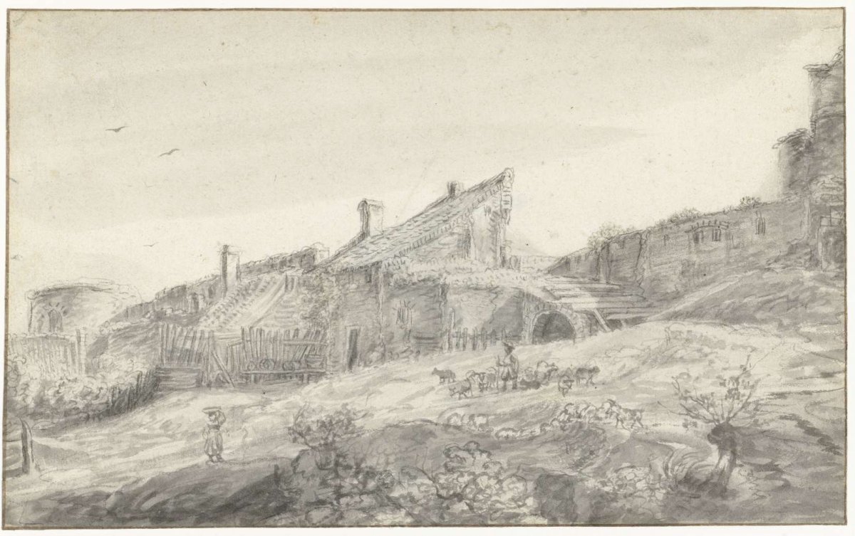 City wall with attached houses, anonymous, 1600 - 1699
