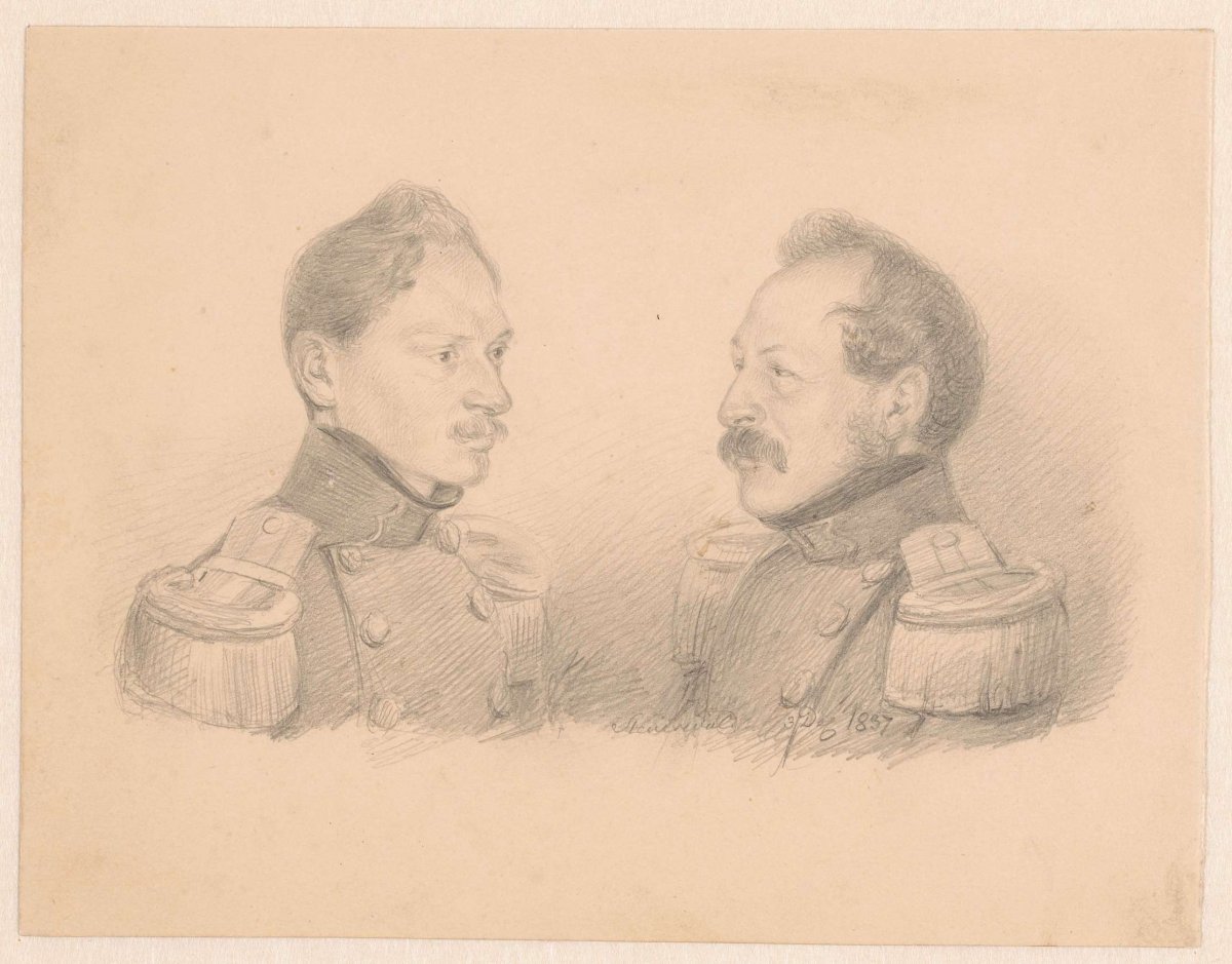 Portrait of two soldiers on a leaf, Christian Heinrich Gottlieb Steuerwald, 1837
