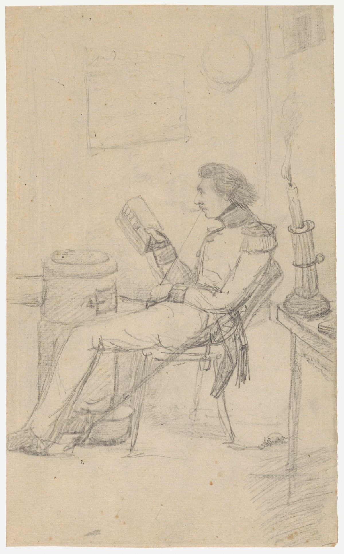 Sketch of a seated, reading soldier by a potbellied stove, Christian Heinrich Gottlieb Steuerwald, 1830