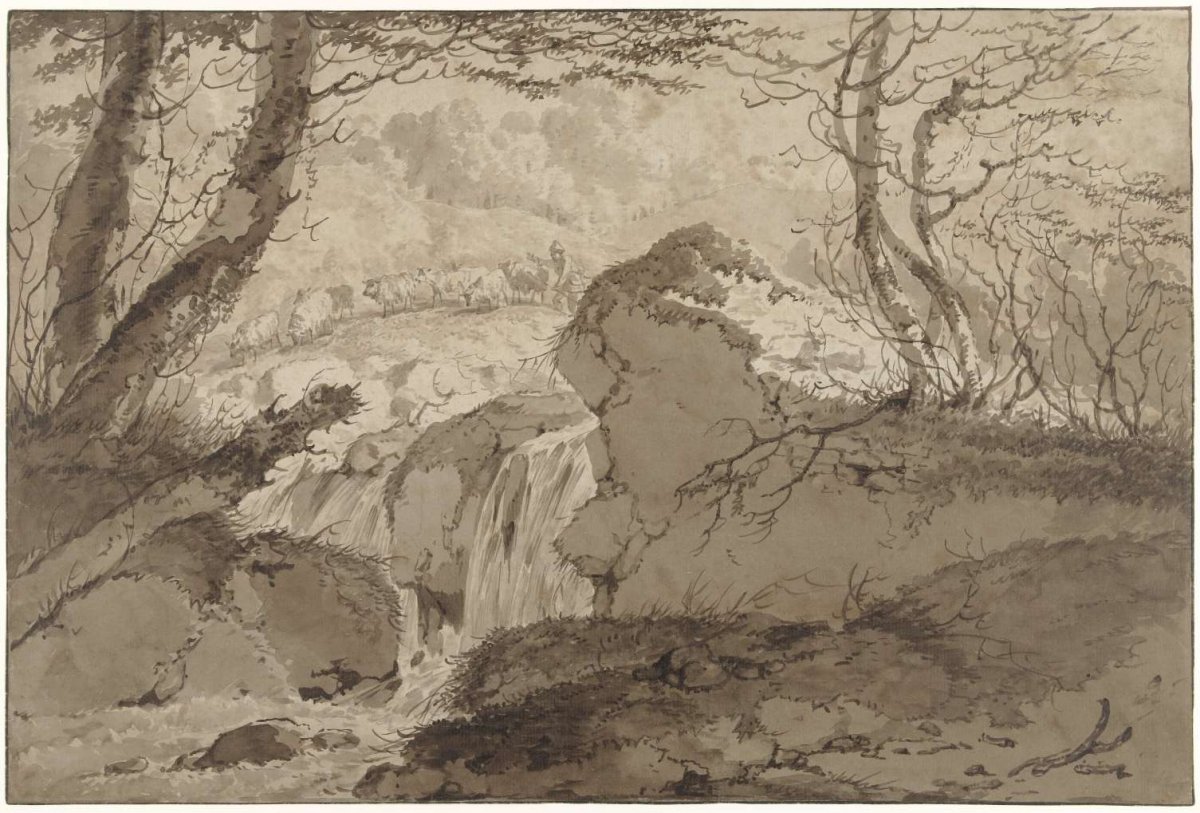 Mountain landscape with waterfall among trees, along which a shepherd leads his flock, Gerard van Nijmegen, 1781