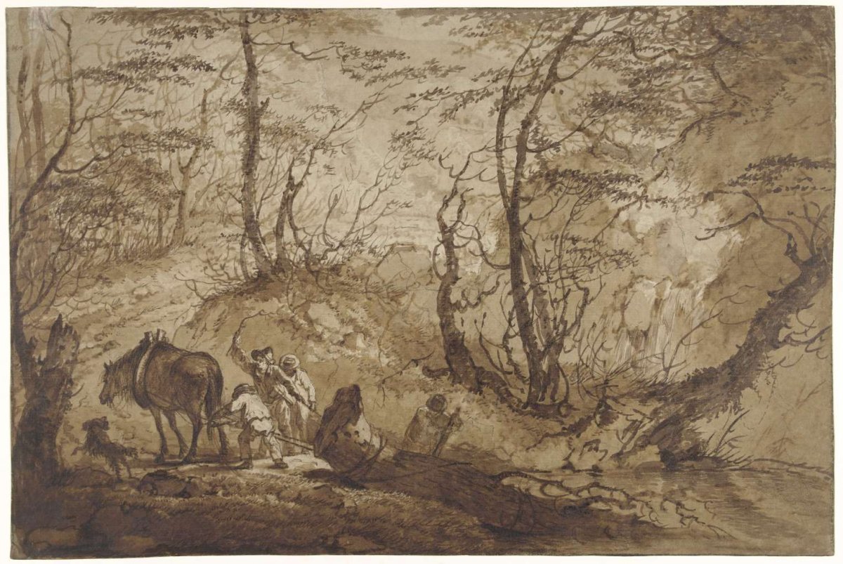 On a forest trail, a horse pulls a tree out of a puddle, led by about four men, Gerard van Nijmegen, 1781